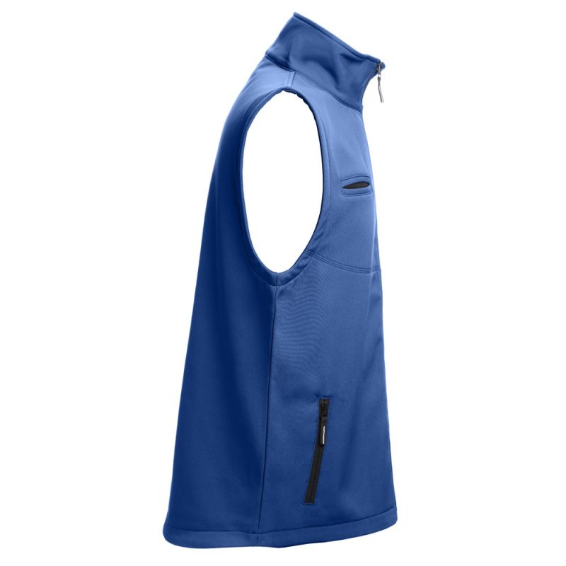 Sleeveless blue jacket with zip pockets, side view.