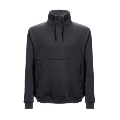 Black turtleneck sweatshirt with zip pockets.