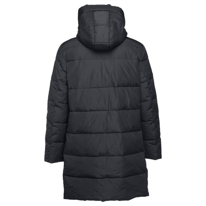 Black winter coat with hood, back view.