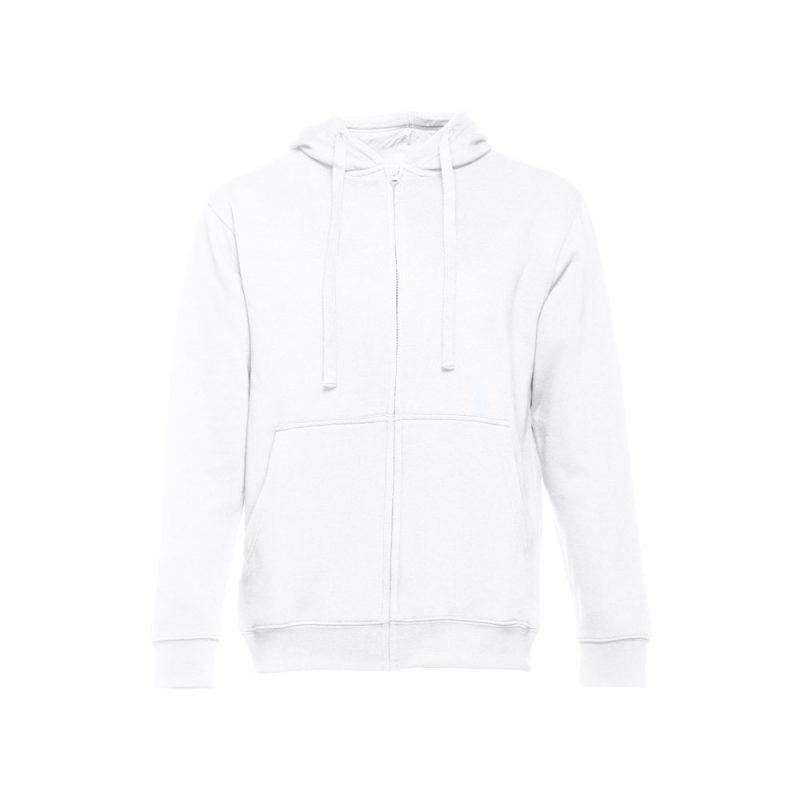 Plain white zip-up hoodie with pockets.