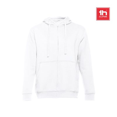 Plain white zip-up hoodie with hood and pockets.