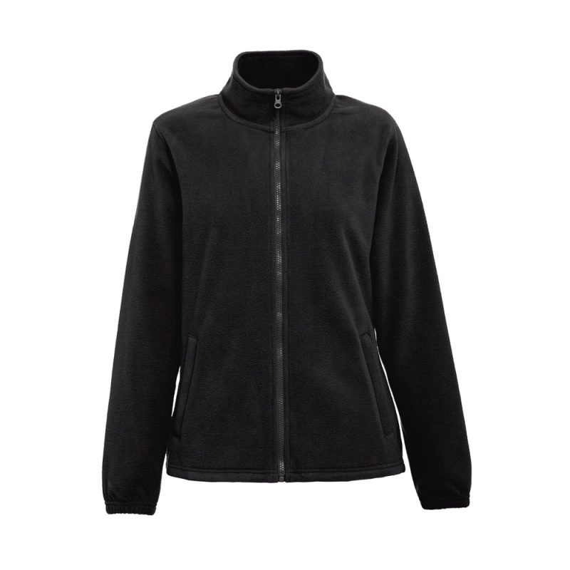 Black fleece jacket with zip, front view.