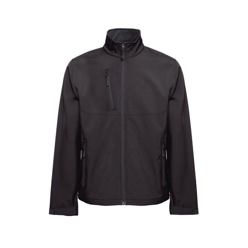Black softshell jacket with zipper pockets.