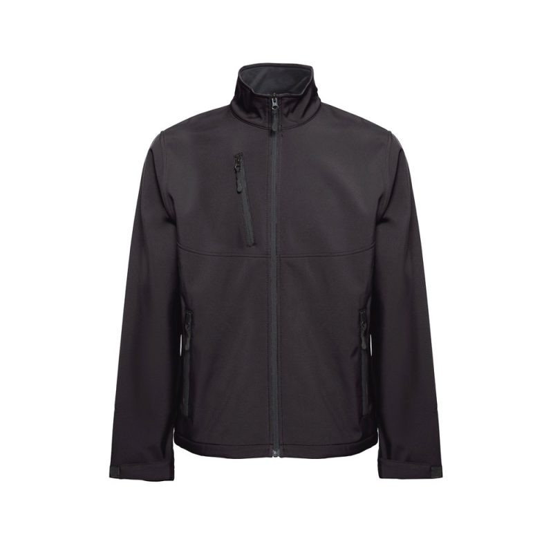 Black waterproof jacket with zip pockets.