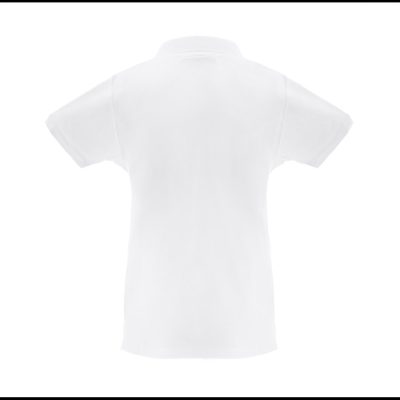 Plain white polo shirt, back view.