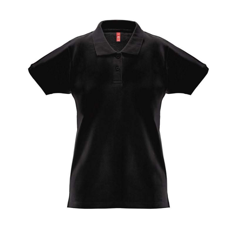 Black polo shirt with collar and buttons.