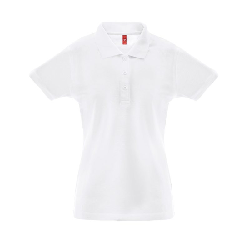 Women's white polo shirt, short sleeves.