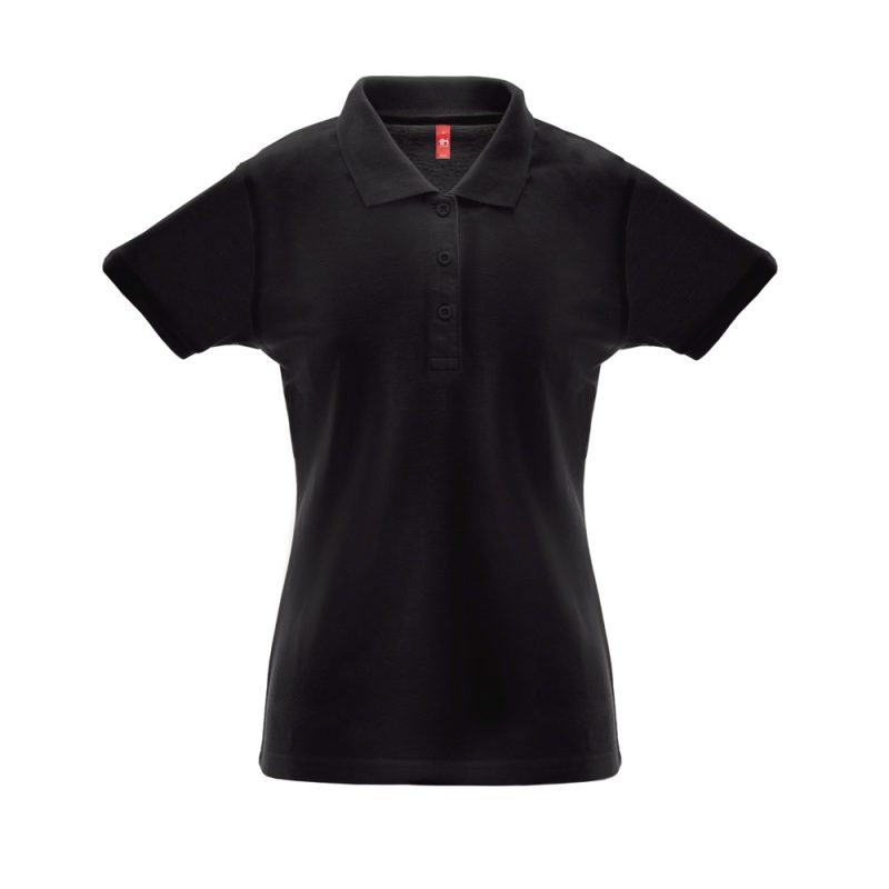 Black polo shirt, short sleeves, buttoned collar