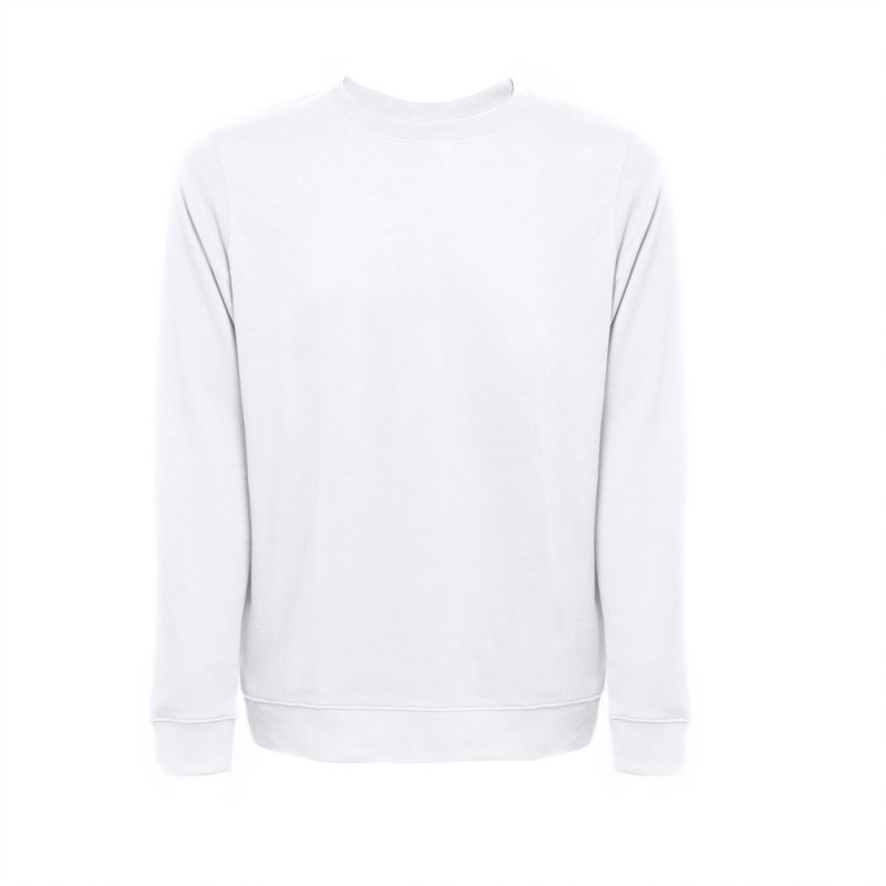 Plain white long-sleeve sweatshirt on display.