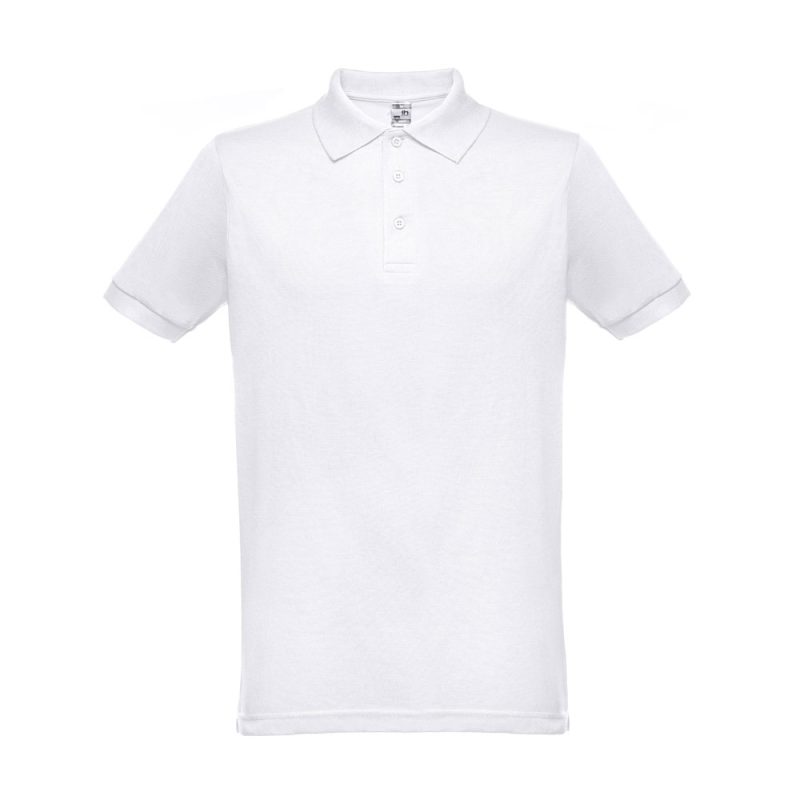 Plain white polo shirt with buttons.