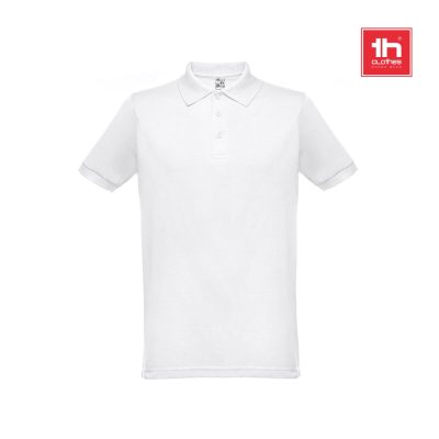 White polo shirt with collar and buttons.