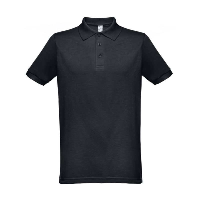Black short-sleeve polo shirt, front view.