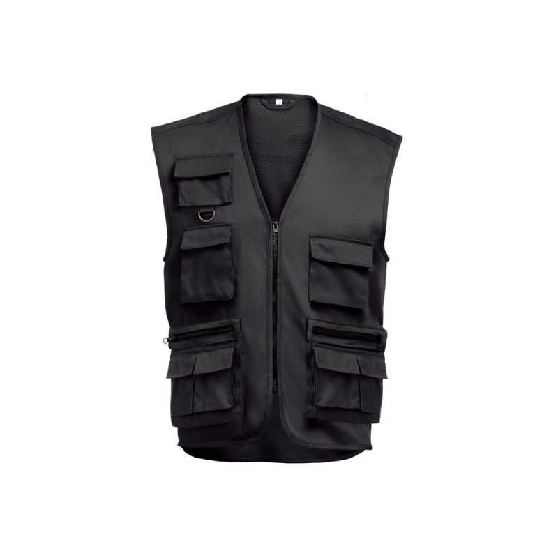 Black tactical vest with multiple pockets.