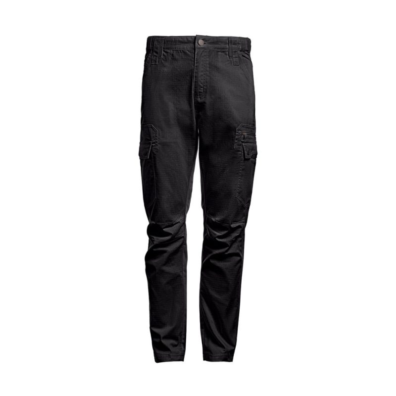 Black cargo trousers with multiple pockets.