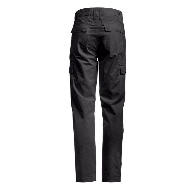 Black cargo trousers with multiple pockets, rear view.