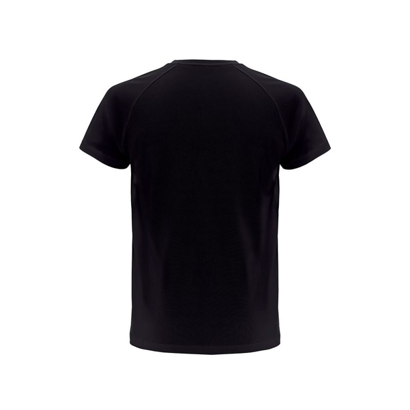 Back view of plain black t-shirt.