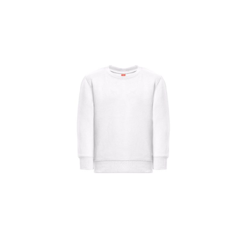 White sweatshirt with round neck and long sleeves.