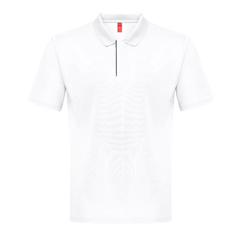 Plain white polo shirt on display.