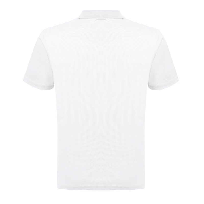 Back view of plain white polo shirt.