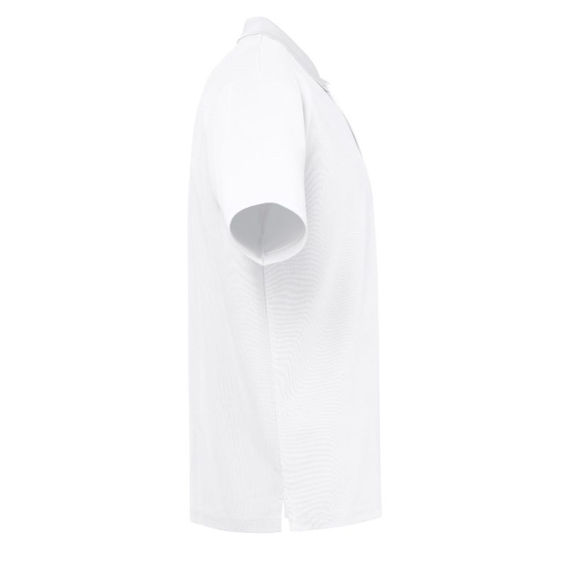 Side view of plain white polo shirt.