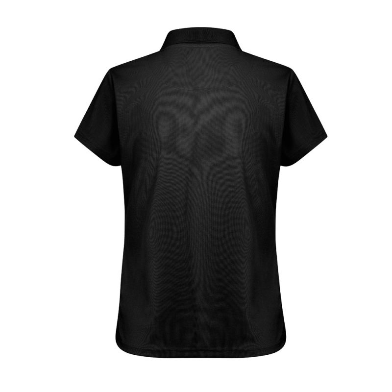 Back view of plain black short-sleeve shirt.
