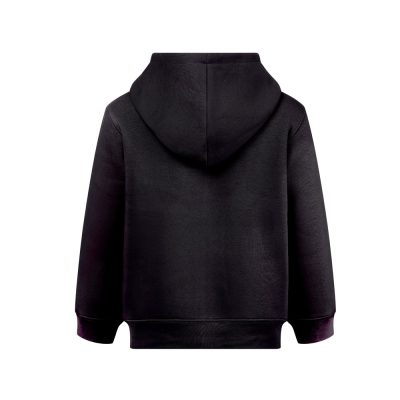 Back view of black hooded sweatshirt.