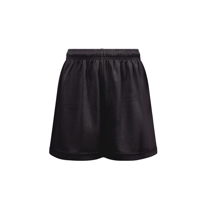 Black sports shorts with elastic waistband.