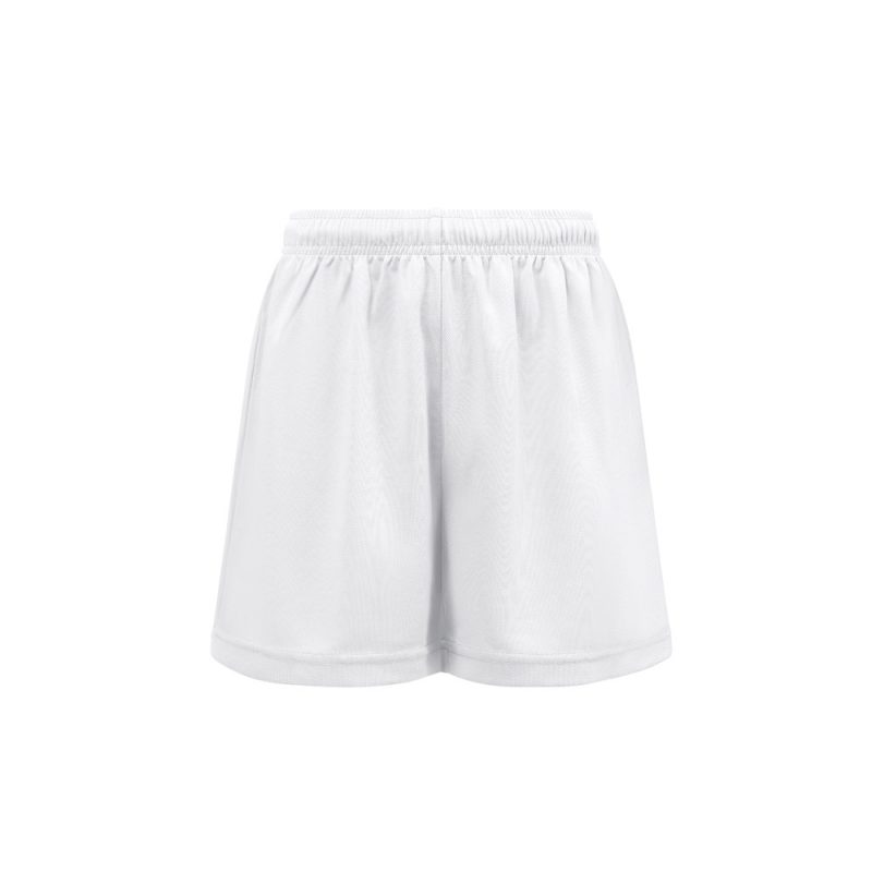 White sports shorts with elastic waistband.