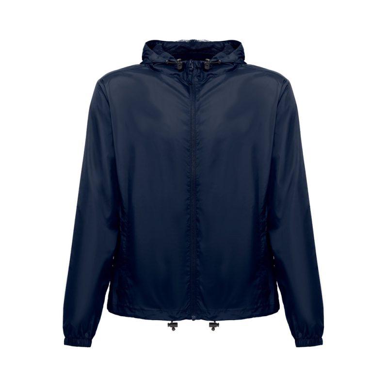 Navy blue hooded rain jacket with zipper.