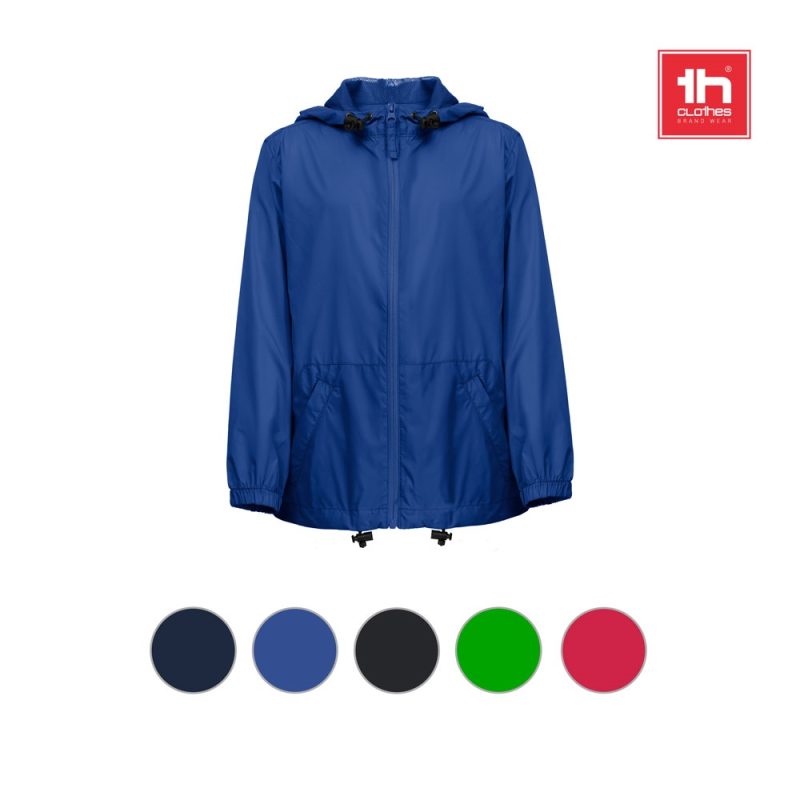 Blue hooded rain jacket available in five colours.