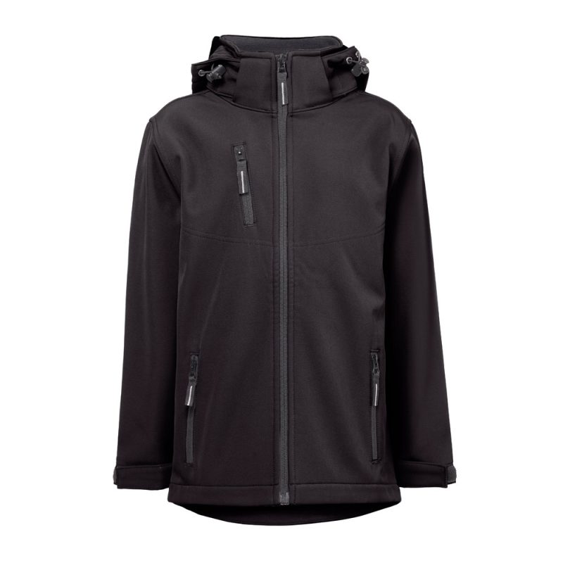Black waterproof jacket with hood and zippers.
