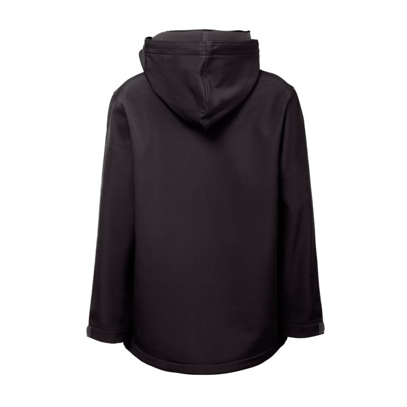 Back view of a black hoodie with hood.