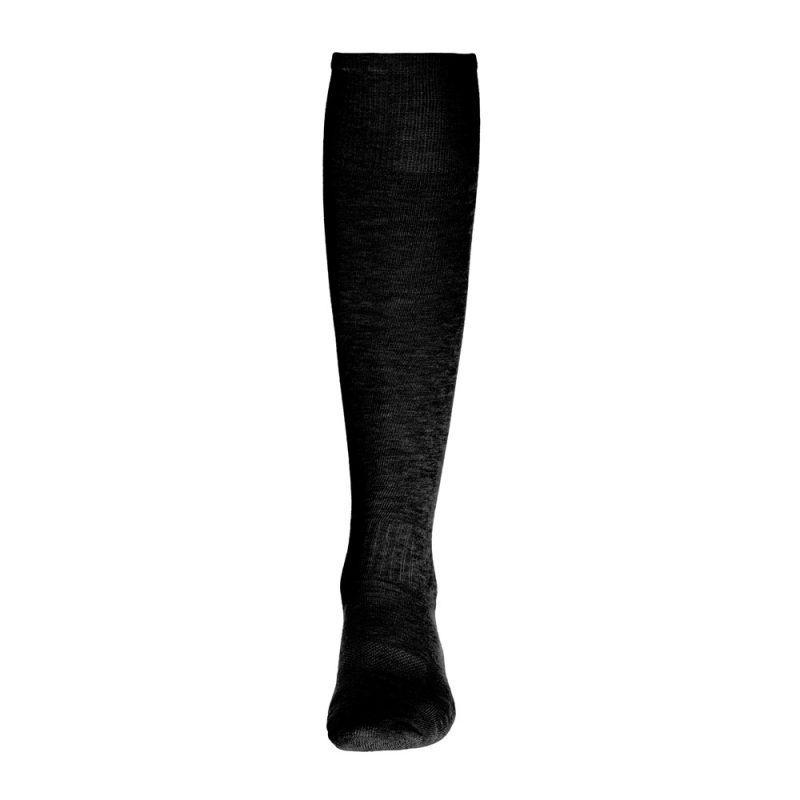 Black knee-high sock on white background.