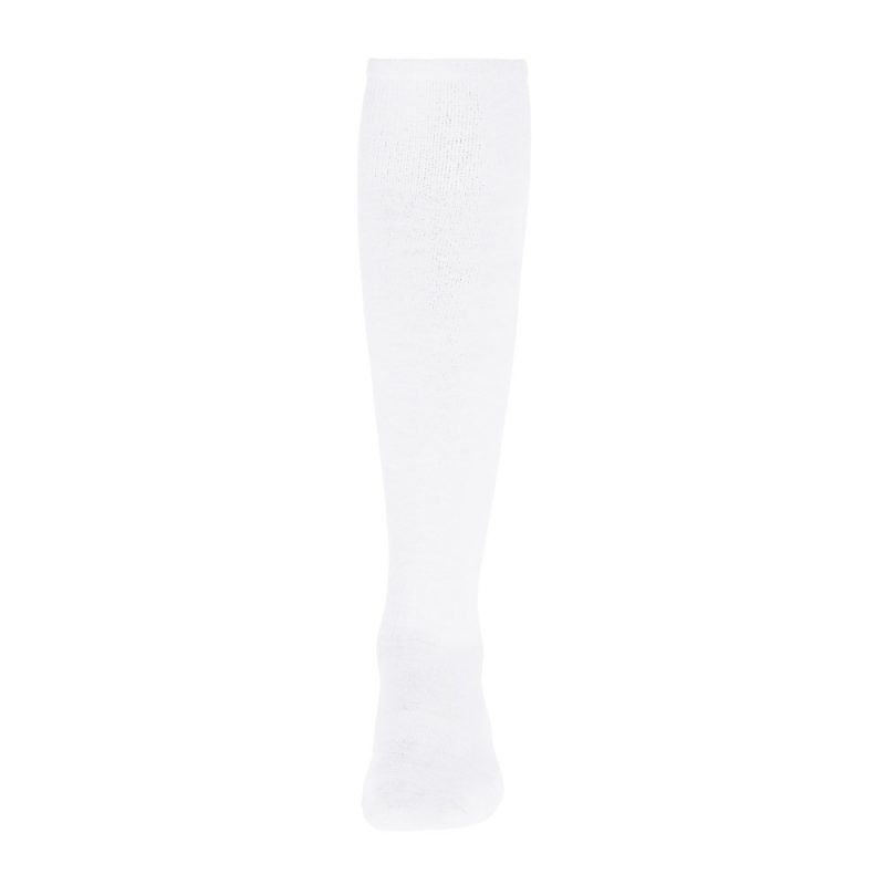 Plain white knee-high sock on white background.