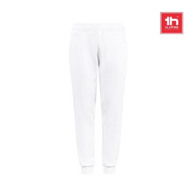 White joggers with brand logo on top corner.