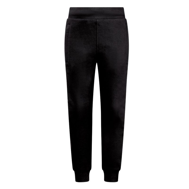 Black velvet joggers with elastic waistband.