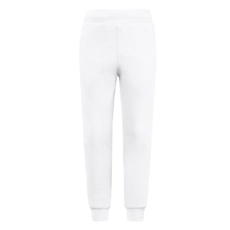White joggers with elastic waistband and cuffs.