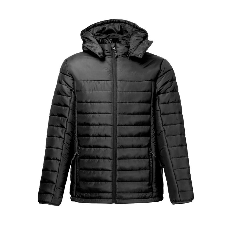 Black puffer jacket with hood, front view.