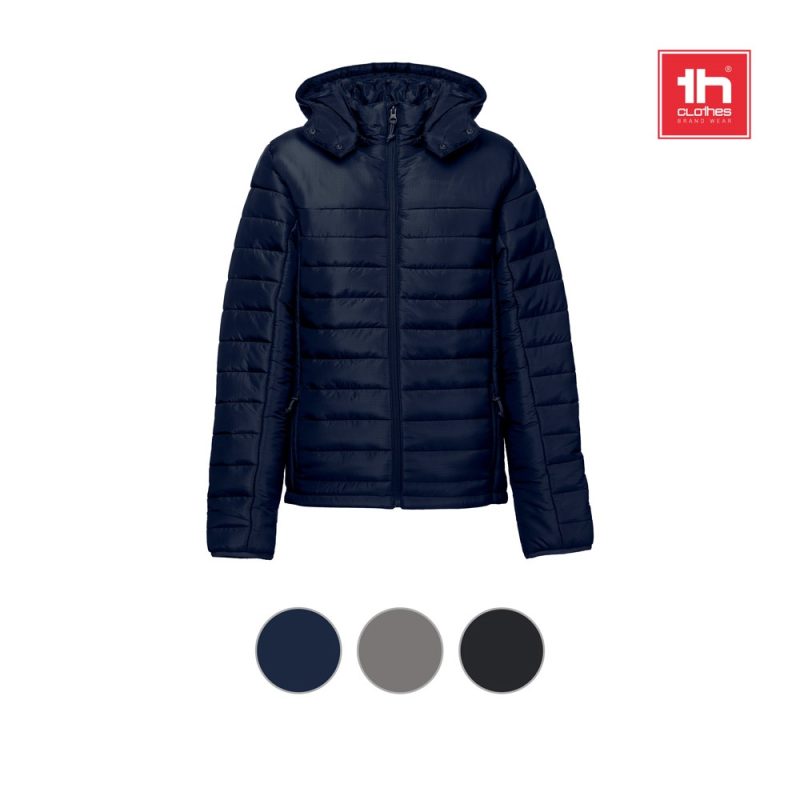 Navy padded jacket with hood and logo.