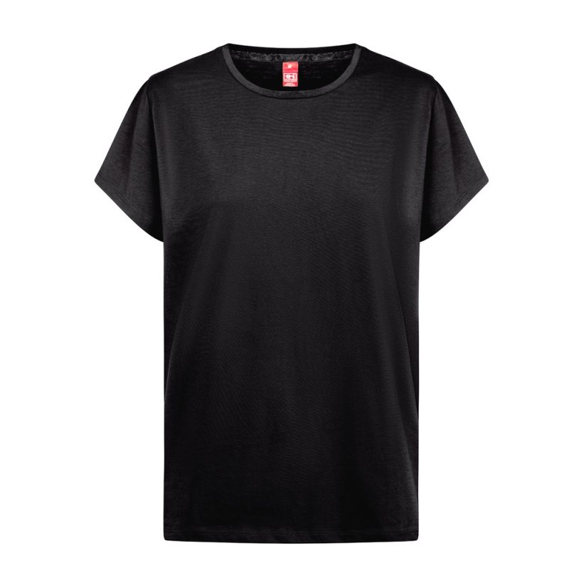 Plain black T-shirt with red tag, front view.
