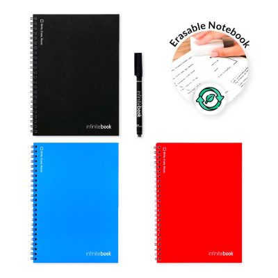 Erasable notebooks in black, blue, red with pen.