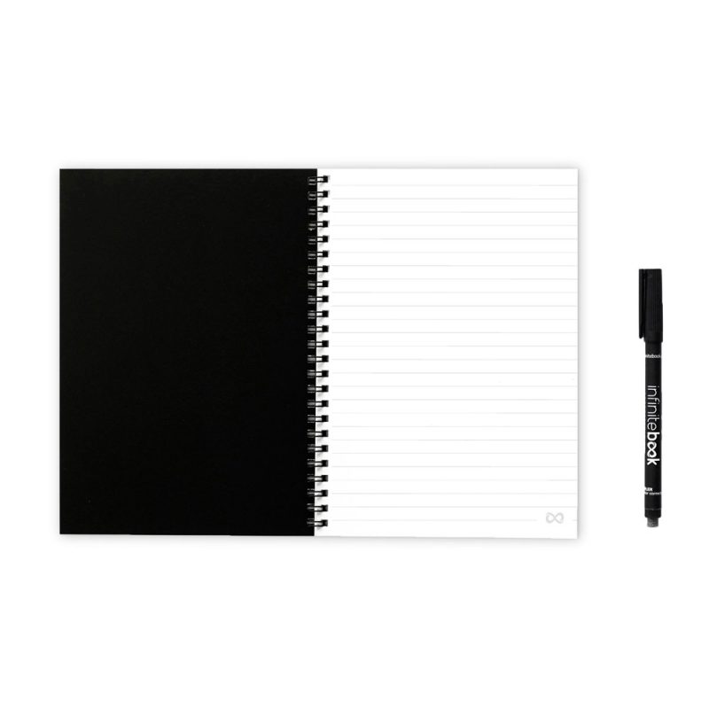 Black notebook with pen, open to blank lines