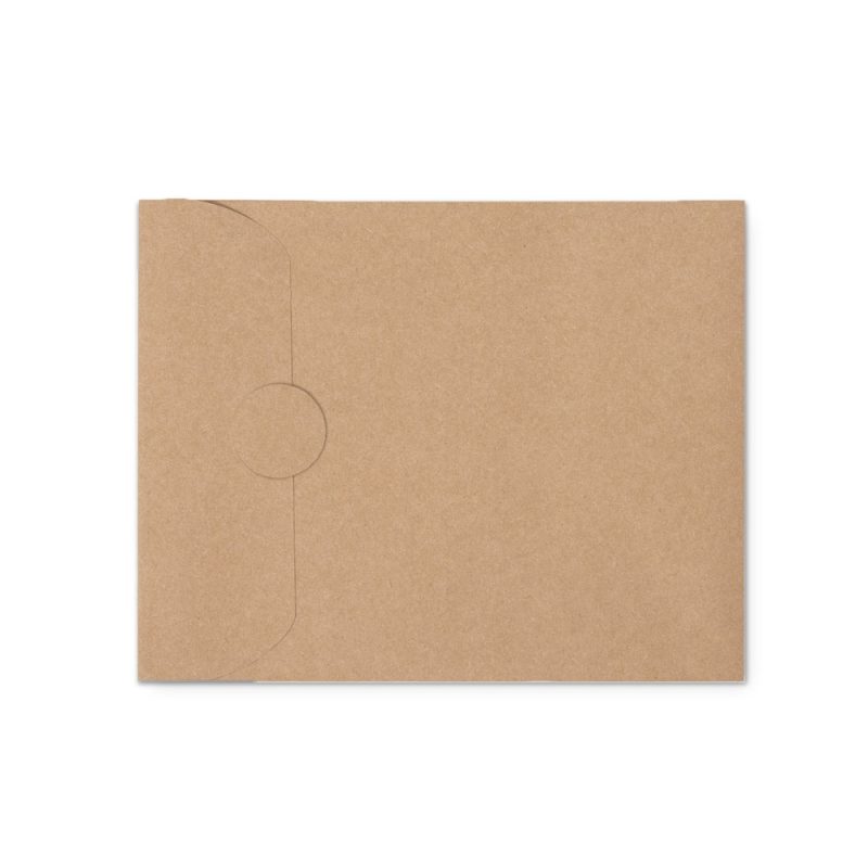 Brown paper envelope with circular closure.