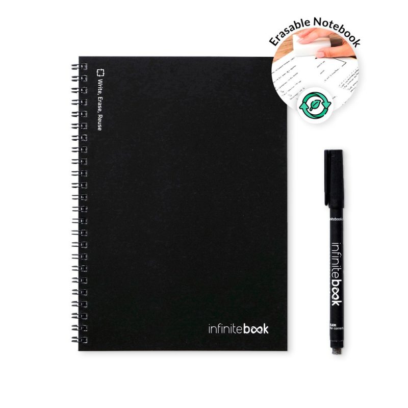 Erasable notebook with pen, eco-friendly design.