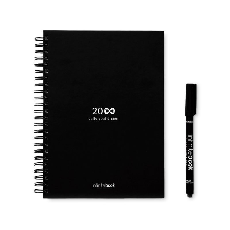 Black spiral notebook with pen on white background.