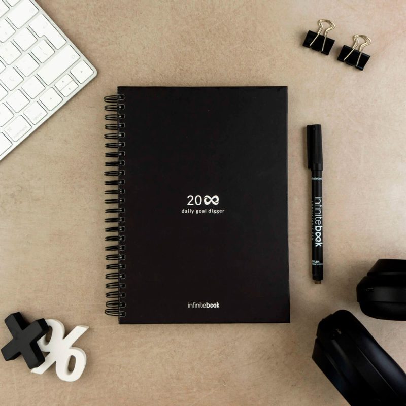 Black notebook and pen on desk with accessories.