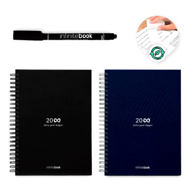 Reusable notebooks with pen for daily goals.