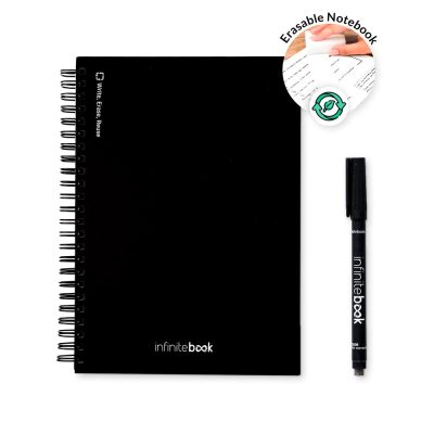 Black spiral notebook with erasable black pen.