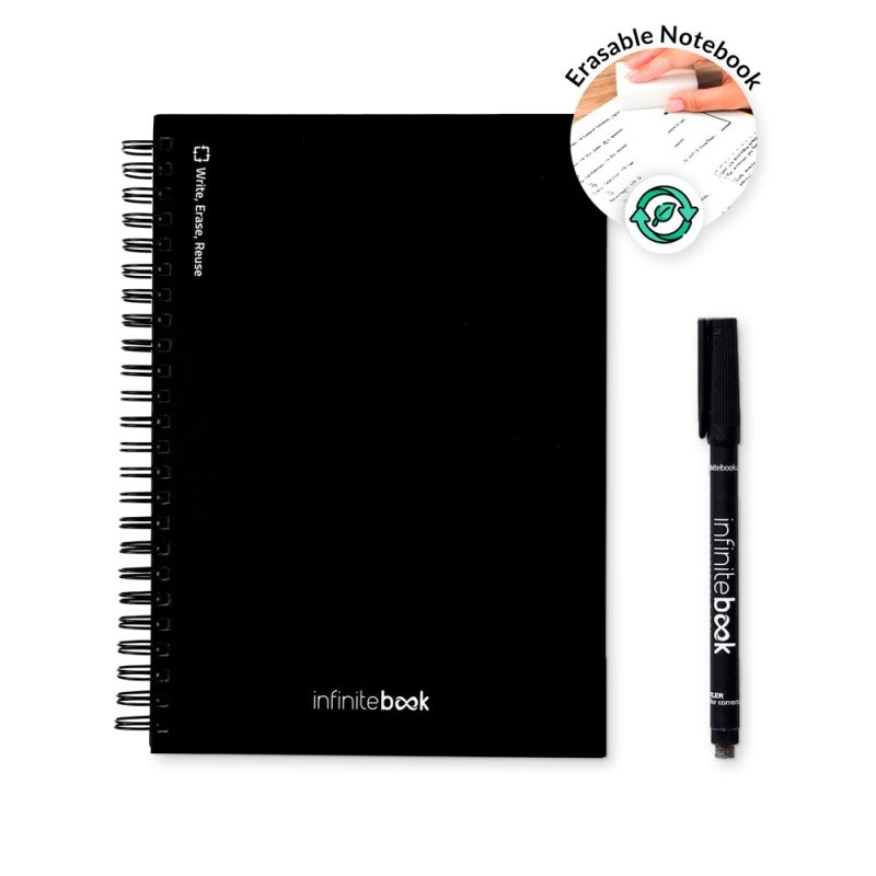 Black spiral notebook with erasable black pen.