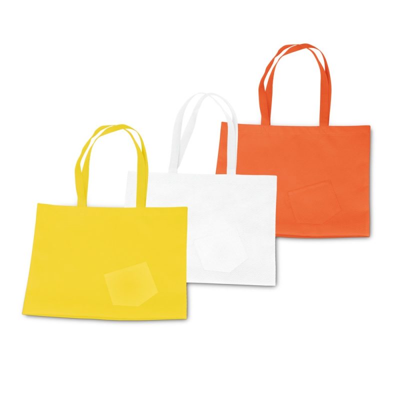Yellow, white, orange tote bags with handles.